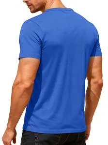 Back view showing the fit and texture of a blue athletic short sleeve t-shirt for men
