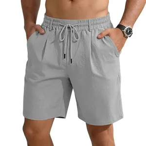 Premium men's loose cotton linen casual shorts in solid grey for summer beach wear