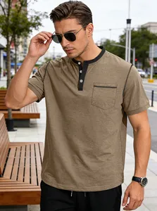 Men's casual brown henley polo shirt with contrast collar and pocket details