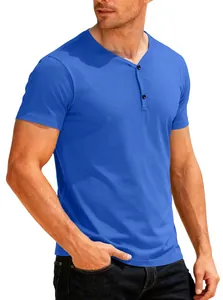 Detailed side view of men's blue short sleeve breathable Henley t-shirt with V-neck design