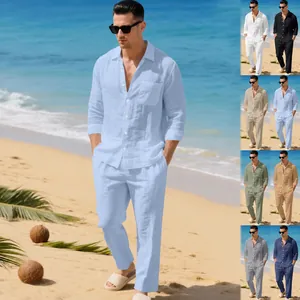 Herren Lässig Leinen Top Und Hose Einfarbig Revers Knöpfe Langarm Hemd Und Hose Frühling Urlaub Strand Outfits