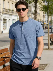 Classic light blue men's Henley shirt with pocket in casual urban street setting