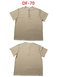Front and back views of a men's retro beige short-sleeved henley shirt with button placket