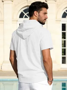 Back view of a white men's short sleeve hooded t-shirt in breathable cotton linen