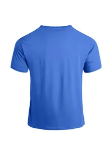 Detailed back view of a breathable royal blue men's sport T-shirt on white background