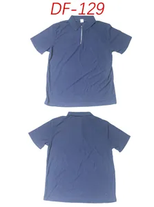 Front and back view of navy blue textured short-sleeve Polo shirt with zipper placket