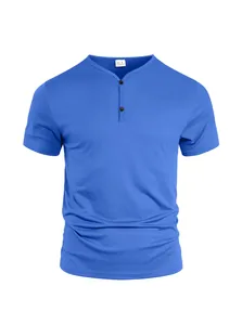Detailed view of a men's blue V-neck Henley shirt with two buttons and ribbed collar