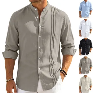 Detail of men's breathable linen shirt with stand collar and unique vertical pleats