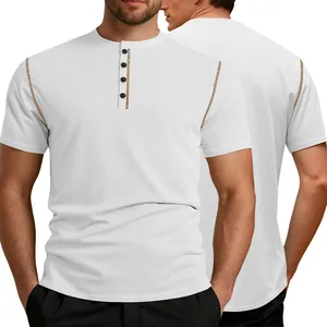 Front and back views of a white waffle knit short sleeve Henley shirt with button placket.