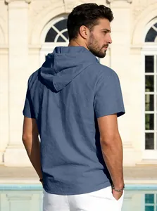Back view of a men's blue cotton linen short sleeve hoodie for summer casual wear
