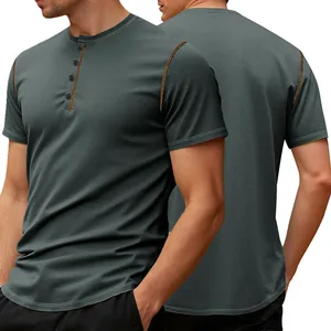 Close-up detail of men's vintage grey waffle knit Henley shirt showing front and back