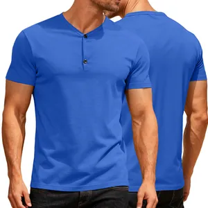Front and back view of a blue men's V-neck Henley T-shirt with button detail