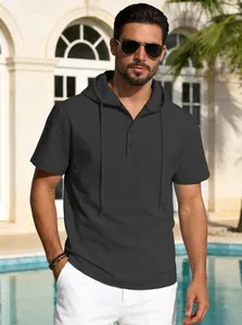 T-shirt à capuche pour hommes en coton et lin gris foncé respirant et décontracté chic
