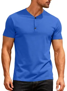 Men's royal blue short sleeve Henley t-shirt with V-neck and button placket detail