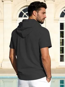 Back view of a breathable men's casual cotton linen hooded short sleeve T-shirt