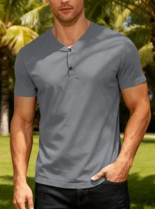 Close-up detail of grey men's short-sleeved Henley shirt featuring a V-neck and button placket