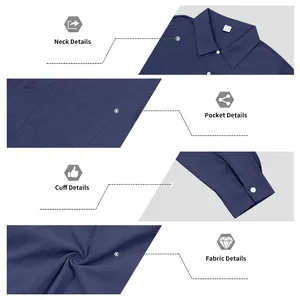 Detaillierte Nahaufnahmen von Kragen, Tasche, Manschette und Stoffstruktur des blauen Leinenhemdes.