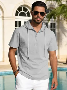 Chemise décontractée en lin à capuche gris clair pour homme, manches courtes, coupe d'été