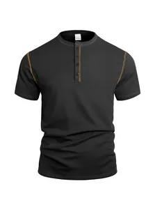Close-up of men's dark gray waffle knit Henley shirt with brown contrast stitching