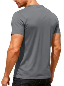 Detailed back view of a men's grey moisture-wicking short-sleeved sports T-shirt on model