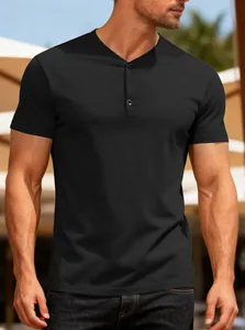 Close-up of men's slim fit black Henley T-shirt with V-neck button detail.
