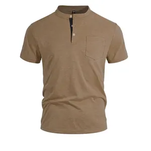 Men's Casual Henley Shirt Short Sleeve Cotton Blend Breathable Polo Top with Chest Pocket Solid Color Summer Fashion