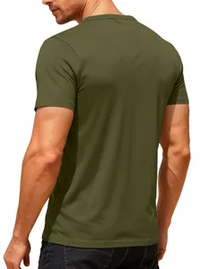 Back view of a men's olive green moisture-wicking athletic T-shirt on a fit model