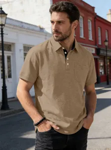 Detailed view of men's khaki short-sleeve polo shirt with chest pocket and lapel.