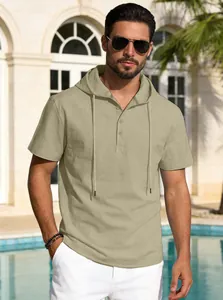 T-shirt décontracté à capuche pour homme en coton et lin kaki avec détail col henley