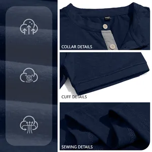 Detail shots of a navy blue short sleeve Henley shirt showing its collar and sewing details