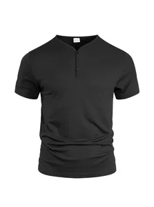Premium black men's short-sleeved Henley T-shirt with V-neck and buttons detail