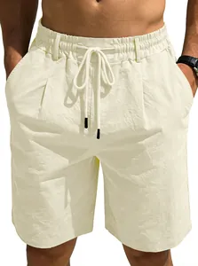 Short d'été décontracté en coton et lin crème pour homme avec cordon de serrage à la taille