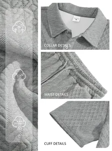 Macro details of gray jacquard polo shirt and shorts set showing texture and collar.