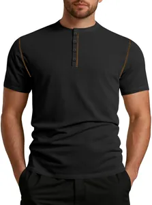 Close-up of black waffle knit Henley Polo shirt with contrast stitching and button placket