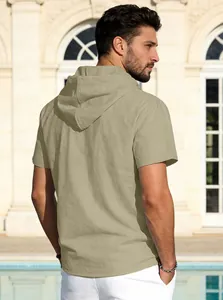 Back view of a breathable khaki cotton linen hooded short-sleeve T-shirt for casual summer wear