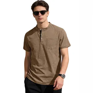 Classic Men's Khaki Short Sleeve Henley Shirt featuring Chest Pocket and Button Placket