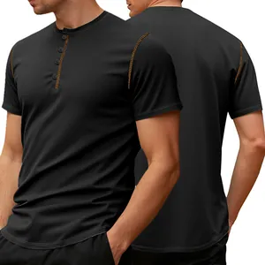 Macro detail of men's black Henley shirt with pineapple lattice texture and orange stitching
