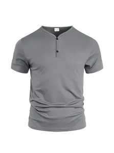 Detail view of men's grey Henley V-neck short sleeve sport T-shirt with two buttons