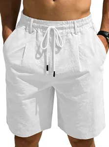 Short de plage décontracté en coton et lin blanc pour homme avec cordon de serrage