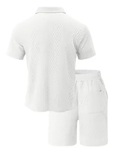 Detailed back view of men's white jacquard polo shirt and shorts set with textured pattern