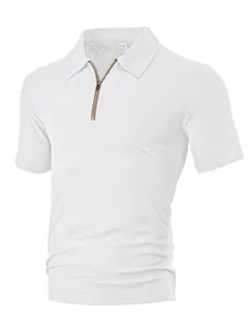Close-up of white men's Polo shirt with textured towel jacquard and zipper detail