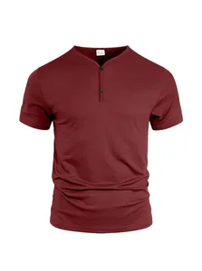 Macro view of maroon men's Henley V-neck t-shirt showing buttons and size tag detail