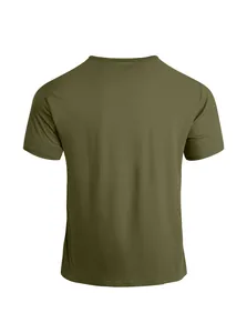 Back view of a breathable olive green short-sleeved sports t-shirt for men.