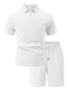 Detail view showing textured geometric pattern of white knit polo shirt and shorts set