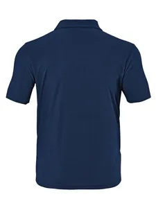 Back view detail of navy blue men's polo shirt featuring textured jacquard fabric