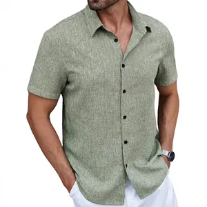 Chemise à manches courtes pour hommes vert sauge, texturée, col à revers pour l'été décontracté
