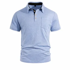 Men Business Casual Short Sleeve Polo Shirt Cotton Blend Solid Color Lapel Top With Pocket For Summer Everyday Fashion