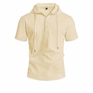 Men's Casual Cotton Linen Hooded Short Sleeve T-Shirt Breathable Solid Color Henley Neck Loose Fit Summer Beach Top