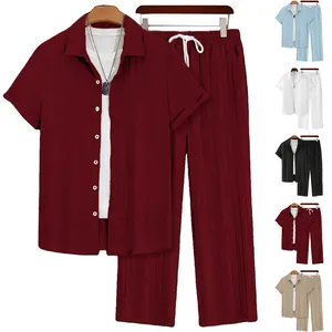 Men's casual summer short sleeve shirt and long pants set with vertical pleated texture
