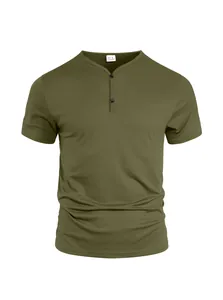 Close-up of olive green Henley collar with button detail and soft, breathable fabric.